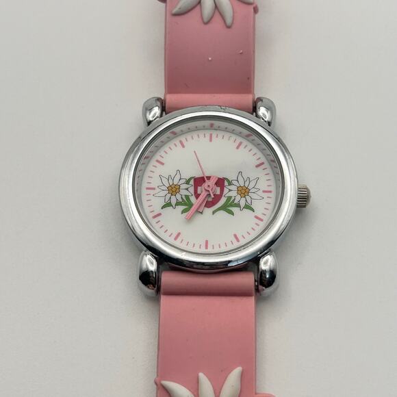Floral Pink Stainless Steel Silicon Band 26mm Kids Watch Working - Picture 1 of 8